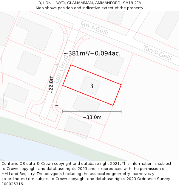 3, LON LLWYD, GLANAMMAN, AMMANFORD, SA18 2FA: Plot and title map