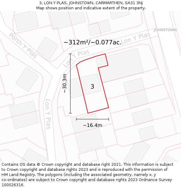 3, LON Y PLAS, JOHNSTOWN, CARMARTHEN, SA31 3NJ: Plot and title map