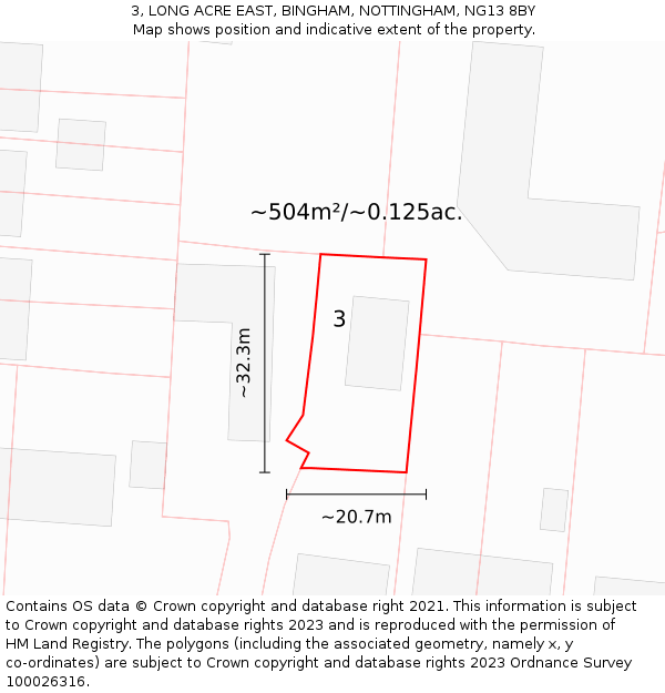 3, LONG ACRE EAST, BINGHAM, NOTTINGHAM, NG13 8BY: Plot and title map