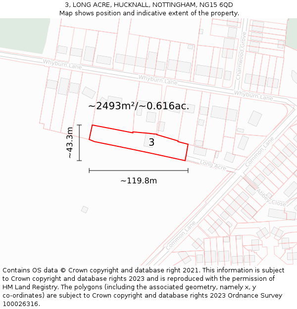 3, LONG ACRE, HUCKNALL, NOTTINGHAM, NG15 6QD: Plot and title map