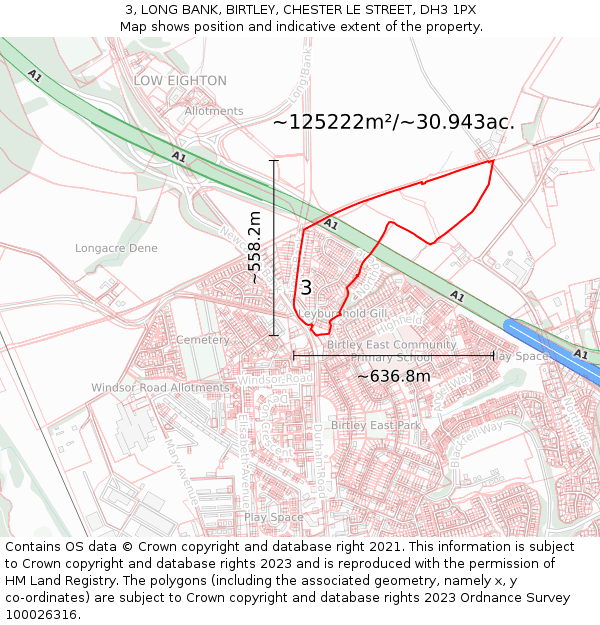 3, LONG BANK, BIRTLEY, CHESTER LE STREET, DH3 1PX: Plot and title map