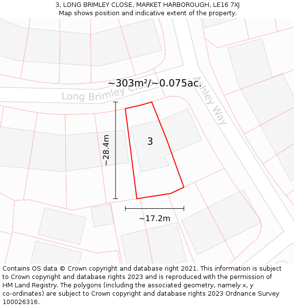 3, LONG BRIMLEY CLOSE, MARKET HARBOROUGH, LE16 7XJ: Plot and title map