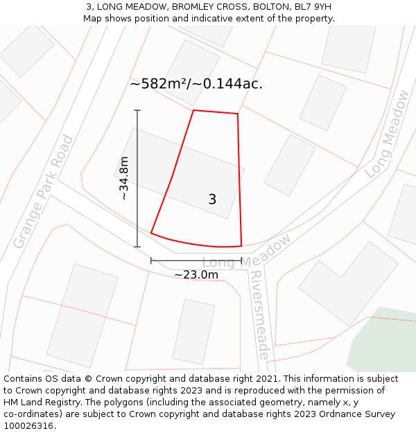 3, LONG MEADOW, BROMLEY CROSS, BOLTON, BL7 9YH: Plot and title map