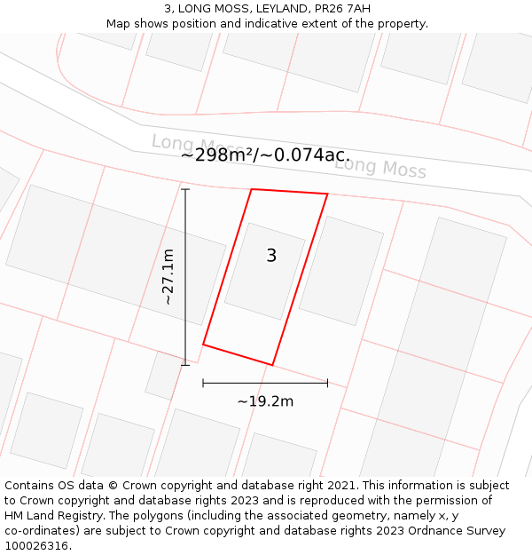 3, LONG MOSS, LEYLAND, PR26 7AH: Plot and title map