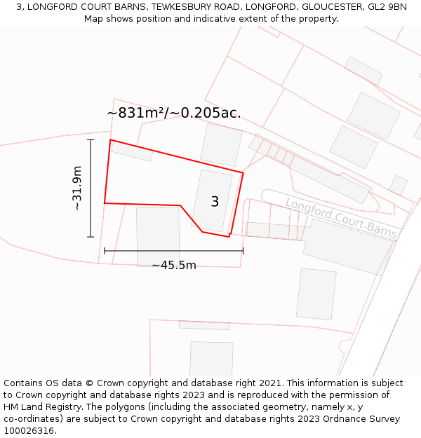 3, LONGFORD COURT BARNS, TEWKESBURY ROAD, LONGFORD, GLOUCESTER, GL2 9BN: Plot and title map