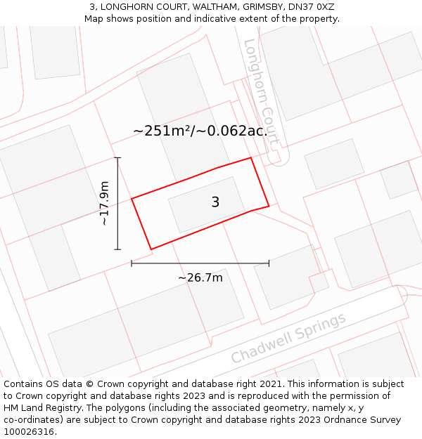 3, LONGHORN COURT, WALTHAM, GRIMSBY, DN37 0XZ: Plot and title map