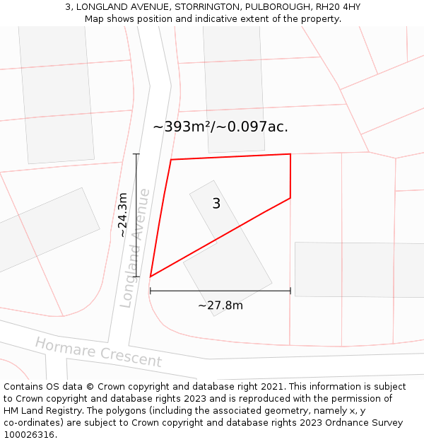 3, LONGLAND AVENUE, STORRINGTON, PULBOROUGH, RH20 4HY: Plot and title map