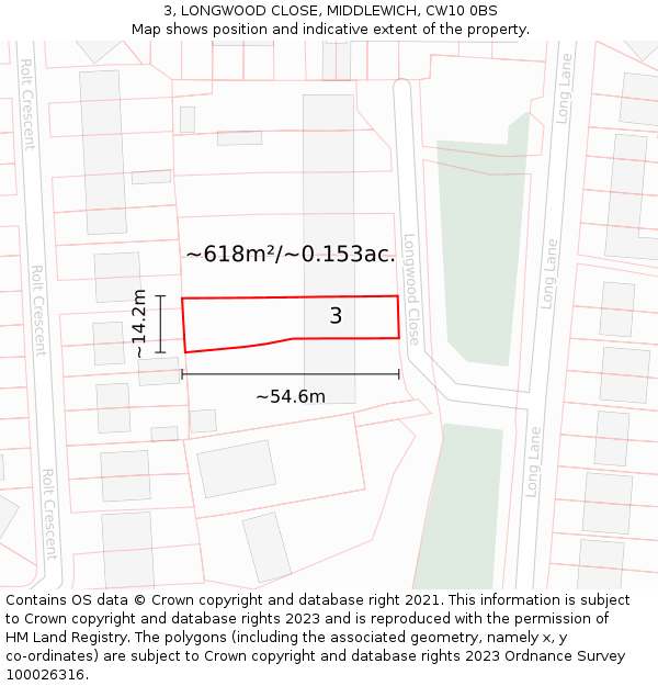 3, LONGWOOD CLOSE, MIDDLEWICH, CW10 0BS: Plot and title map