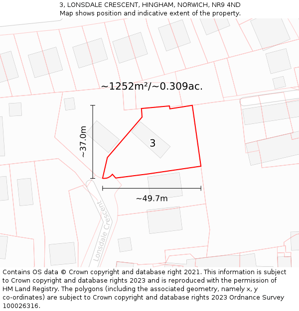 3, LONSDALE CRESCENT, HINGHAM, NORWICH, NR9 4ND: Plot and title map