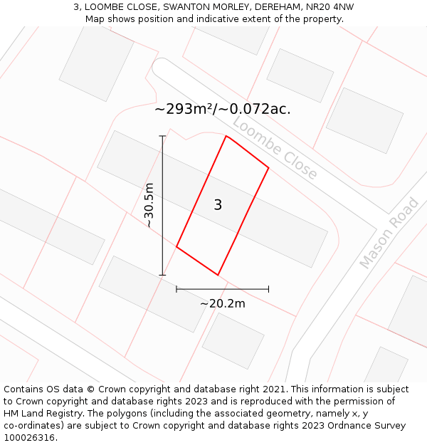 3, LOOMBE CLOSE, SWANTON MORLEY, DEREHAM, NR20 4NW: Plot and title map