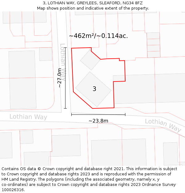 3, LOTHIAN WAY, GREYLEES, SLEAFORD, NG34 8FZ: Plot and title map