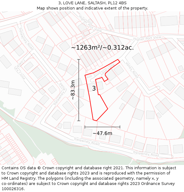 3, LOVE LANE, SALTASH, PL12 4BS: Plot and title map