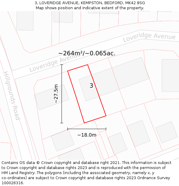 3, LOVERIDGE AVENUE, KEMPSTON, BEDFORD, MK42 8SG: Plot and title map