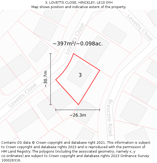 3, LOVETTS CLOSE, HINCKLEY, LE10 0YH: Plot and title map