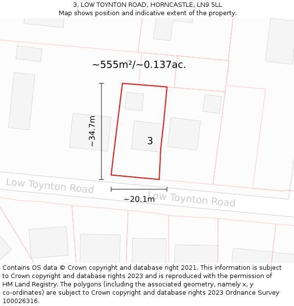 3, LOW TOYNTON ROAD, HORNCASTLE, LN9 5LL: Plot and title map