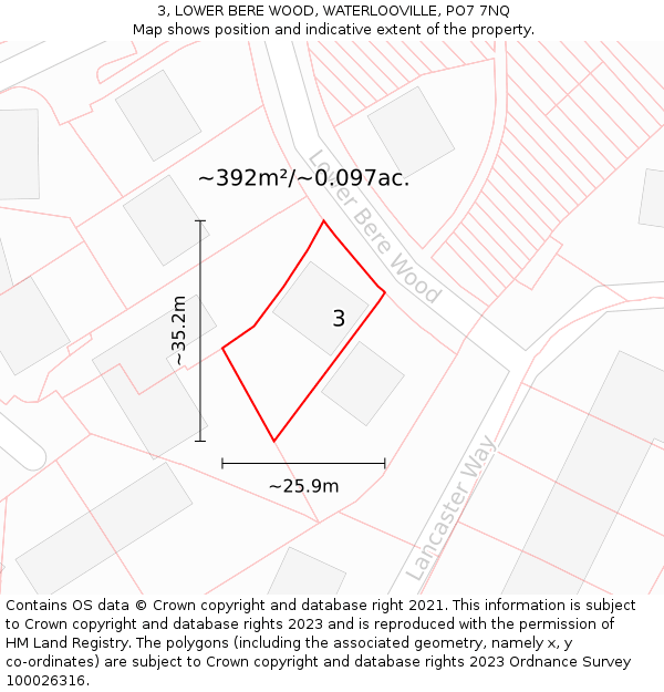 3, LOWER BERE WOOD, WATERLOOVILLE, PO7 7NQ: Plot and title map