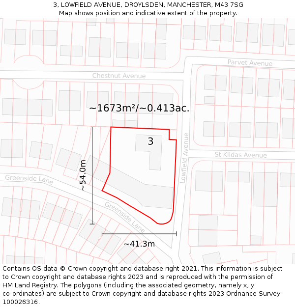 3, LOWFIELD AVENUE, DROYLSDEN, MANCHESTER, M43 7SG: Plot and title map