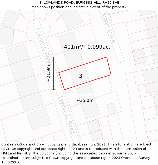 3, LOWLANDS ROAD, BURGESS HILL, RH15 8AE: Plot and title map