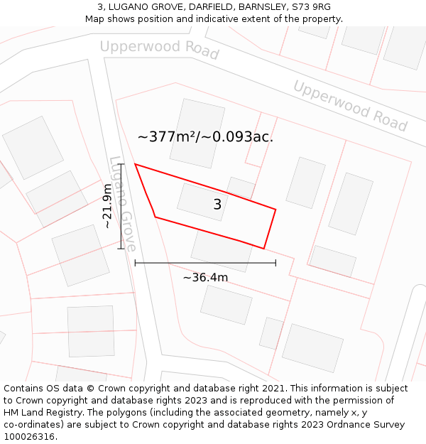 3, LUGANO GROVE, DARFIELD, BARNSLEY, S73 9RG: Plot and title map