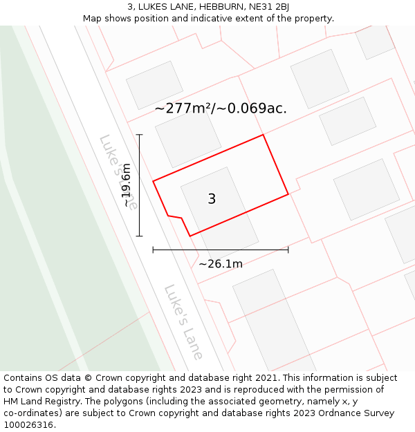 3, LUKES LANE, HEBBURN, NE31 2BJ: Plot and title map