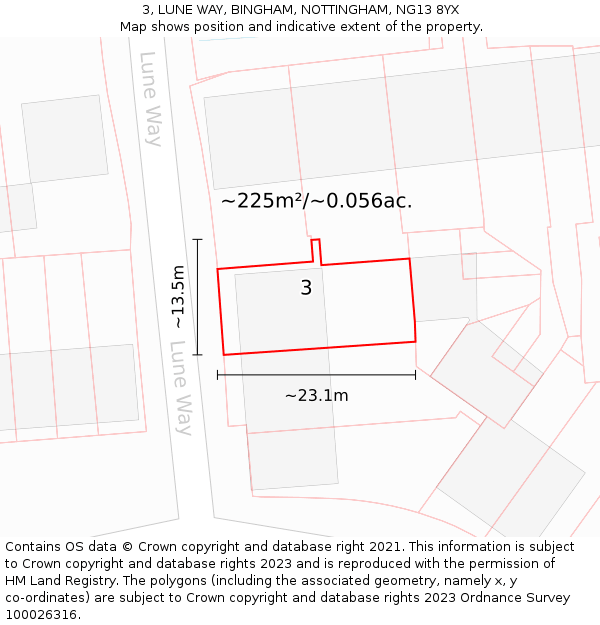 3, LUNE WAY, BINGHAM, NOTTINGHAM, NG13 8YX: Plot and title map