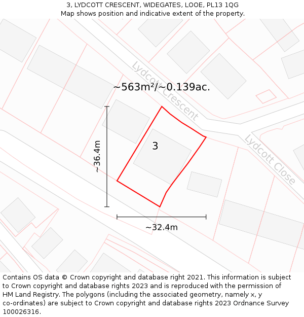 3, LYDCOTT CRESCENT, WIDEGATES, LOOE, PL13 1QG: Plot and title map