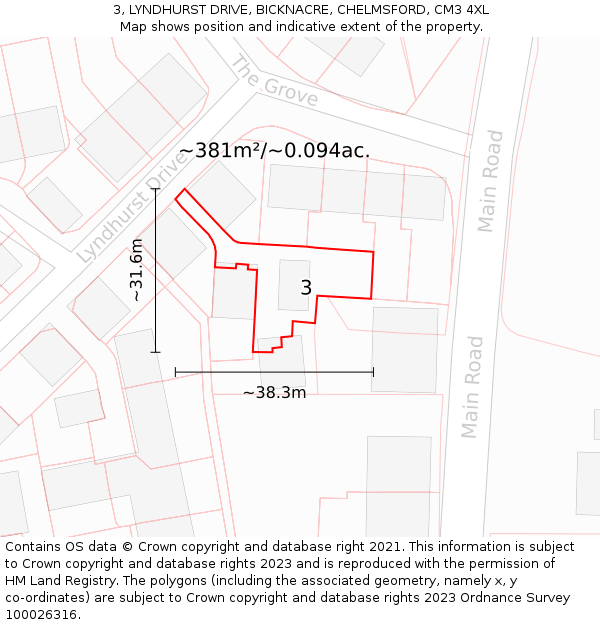 3, LYNDHURST DRIVE, BICKNACRE, CHELMSFORD, CM3 4XL: Plot and title map