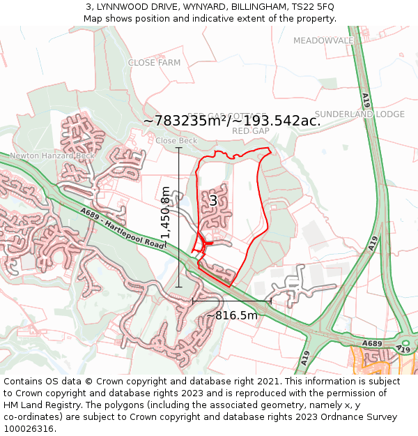 3, LYNNWOOD DRIVE, WYNYARD, BILLINGHAM, TS22 5FQ: Plot and title map