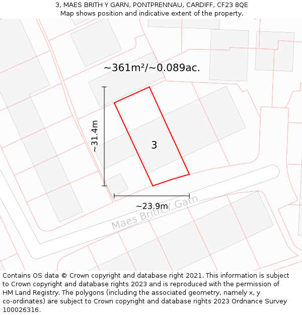 3, MAES BRITH Y GARN, PONTPRENNAU, CARDIFF, CF23 8QE: Plot and title map