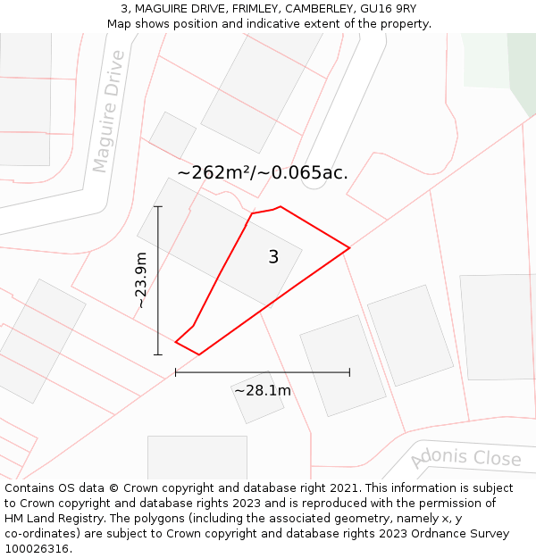 3, MAGUIRE DRIVE, FRIMLEY, CAMBERLEY, GU16 9RY: Plot and title map