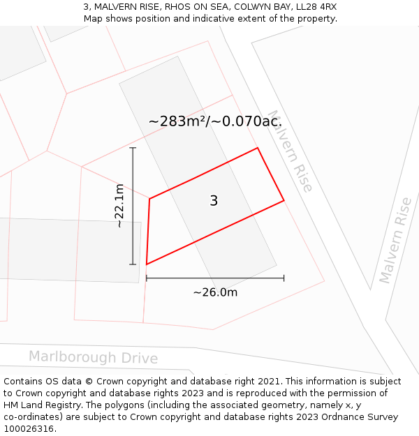 3, MALVERN RISE, RHOS ON SEA, COLWYN BAY, LL28 4RX: Plot and title map