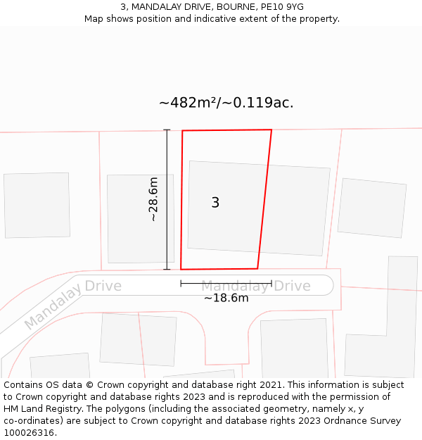 3, MANDALAY DRIVE, BOURNE, PE10 9YG: Plot and title map