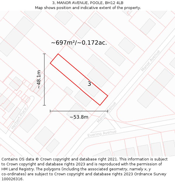 3, MANOR AVENUE, POOLE, BH12 4LB: Plot and title map