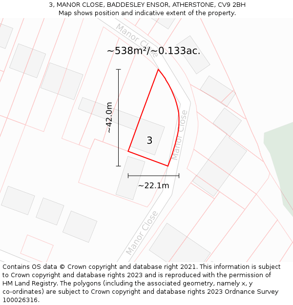 3, MANOR CLOSE, BADDESLEY ENSOR, ATHERSTONE, CV9 2BH: Plot and title map