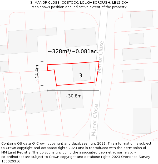 3, MANOR CLOSE, COSTOCK, LOUGHBOROUGH, LE12 6XH: Plot and title map