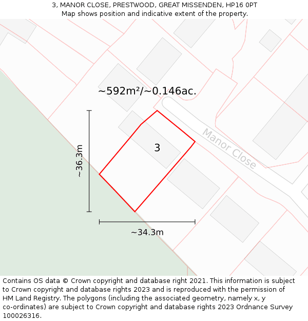 3, MANOR CLOSE, PRESTWOOD, GREAT MISSENDEN, HP16 0PT: Plot and title map