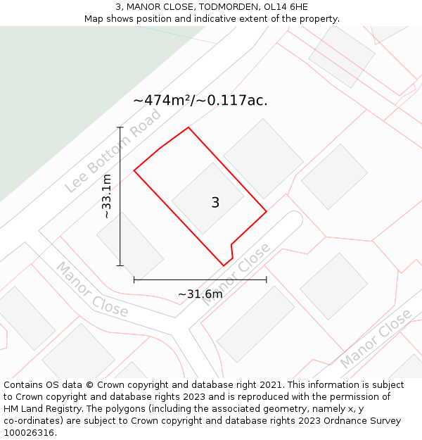 3, MANOR CLOSE, TODMORDEN, OL14 6HE: Plot and title map