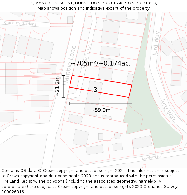 3, MANOR CRESCENT, BURSLEDON, SOUTHAMPTON, SO31 8DQ: Plot and title map