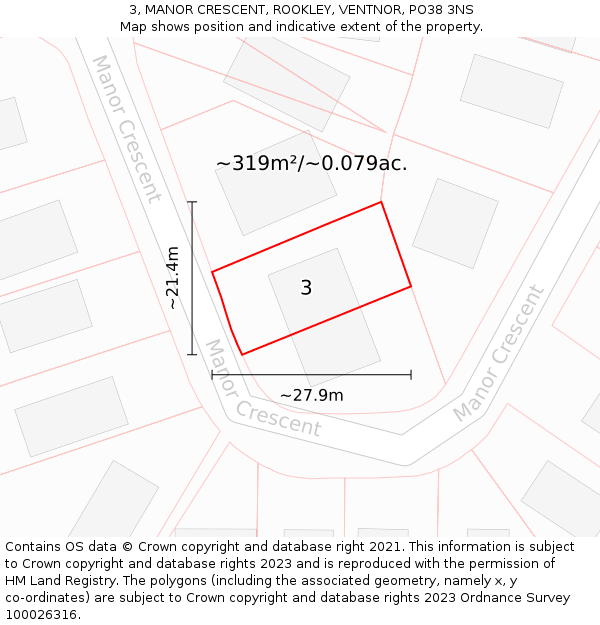 3, MANOR CRESCENT, ROOKLEY, VENTNOR, PO38 3NS: Plot and title map