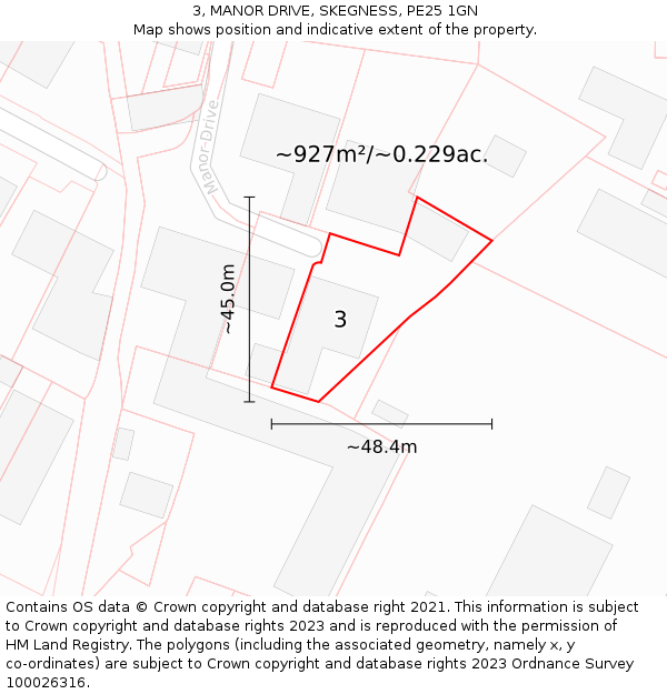 3, MANOR DRIVE, SKEGNESS, PE25 1GN: Plot and title map