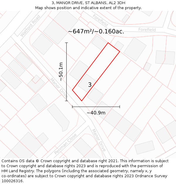 3, MANOR DRIVE, ST ALBANS, AL2 3DH: Plot and title map