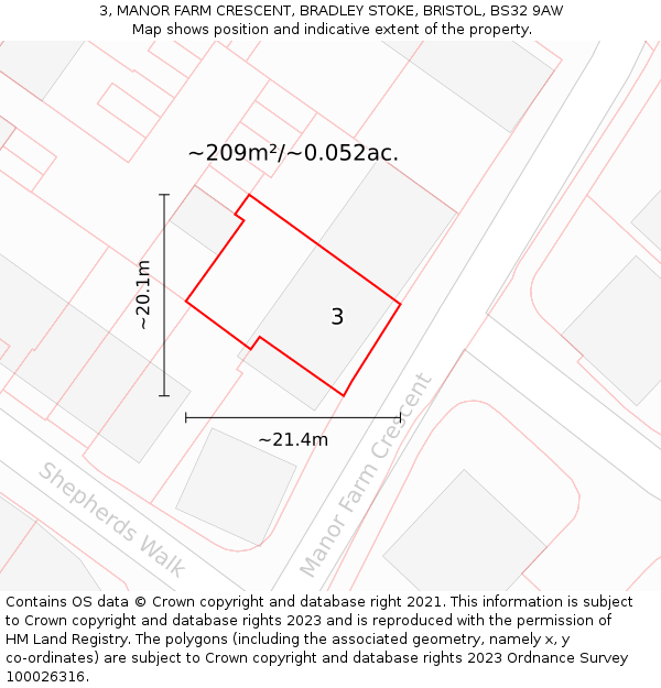 3, MANOR FARM CRESCENT, BRADLEY STOKE, BRISTOL, BS32 9AW: Plot and title map