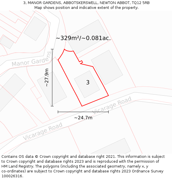 3, MANOR GARDENS, ABBOTSKERSWELL, NEWTON ABBOT, TQ12 5RB: Plot and title map