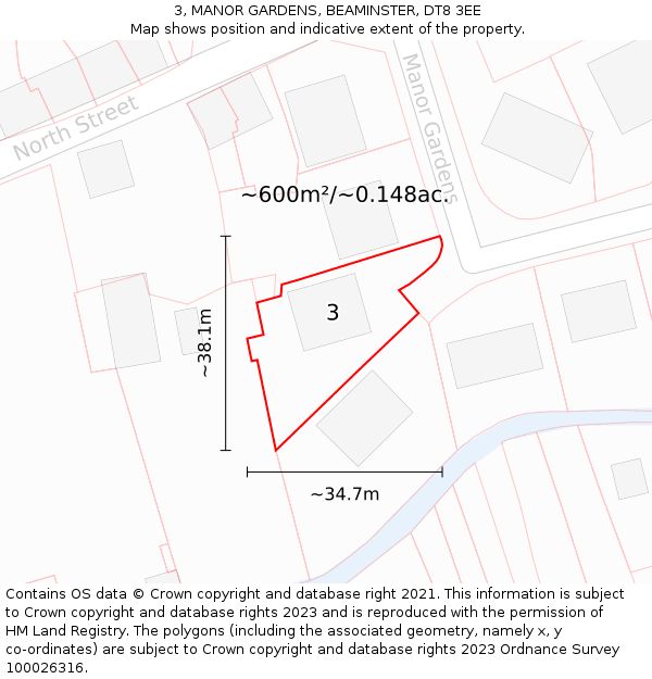 3, MANOR GARDENS, BEAMINSTER, DT8 3EE: Plot and title map