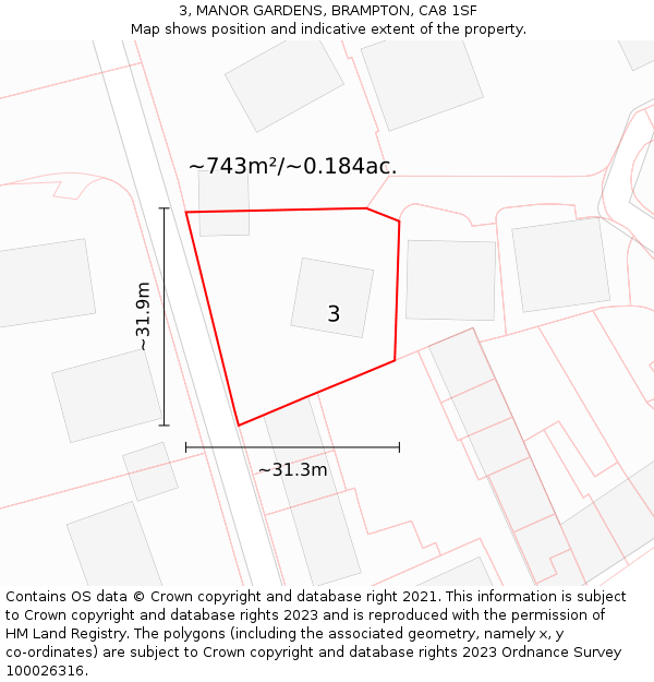 3, MANOR GARDENS, BRAMPTON, CA8 1SF: Plot and title map