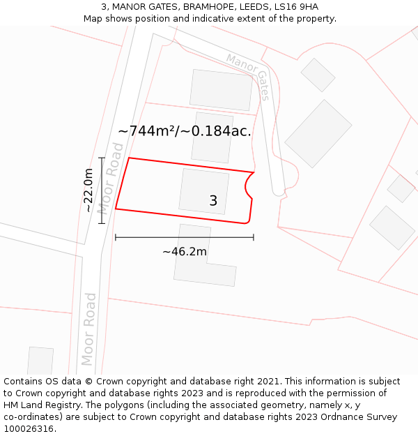 3, MANOR GATES, BRAMHOPE, LEEDS, LS16 9HA: Plot and title map