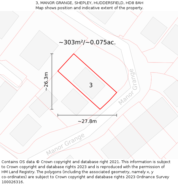 3, MANOR GRANGE, SHEPLEY, HUDDERSFIELD, HD8 8AH: Plot and title map