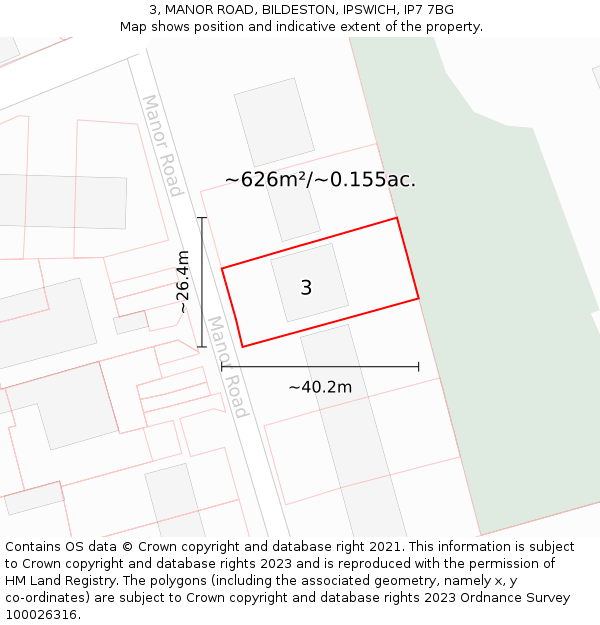 3, MANOR ROAD, BILDESTON, IPSWICH, IP7 7BG: Plot and title map