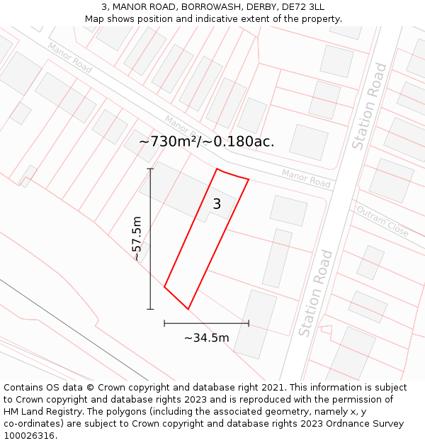 3, MANOR ROAD, BORROWASH, DERBY, DE72 3LL: Plot and title map