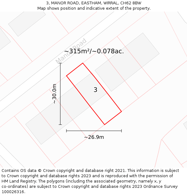 3, MANOR ROAD, EASTHAM, WIRRAL, CH62 8BW: Plot and title map